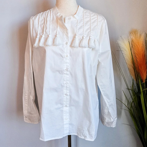 The Shirt Rochelle Behrens New White Tassel Cotton Button Front Shirt Size XL - Picture 2 of 11